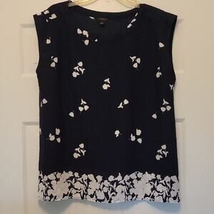 Ann Taylor Navy Blue Blouse with White Floral Pattern Sleeveless Size L
